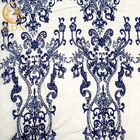 Niebieska nylonowa, ręcznie robiona koronkowa tkanina z koralikami na sukienki pokazowe