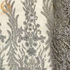 Szara, ciężka, ręcznie robiona koronkowa tkanina z koralikami na sukienki na pokaz mody