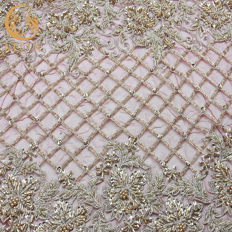 Style nigeryjskie Złota zroszony koronkowa tkanina Ręcznie haftowana tiulowa szerokość 135 cm